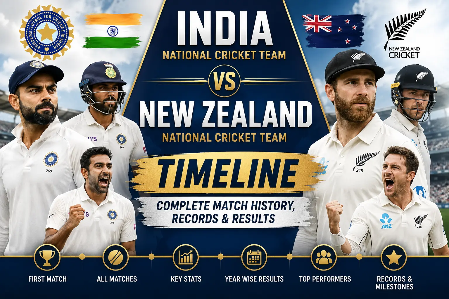 India National Cricket Team vs New Zealand Cricket Team Test Timeline